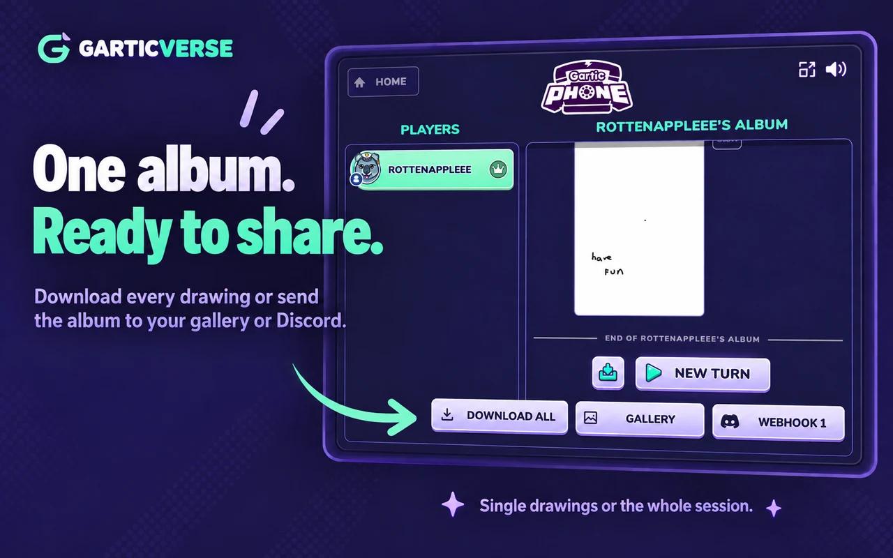 Whole-album action buttons below a Gartic Phone drawing: Download all, Gallery and a named Discord destination