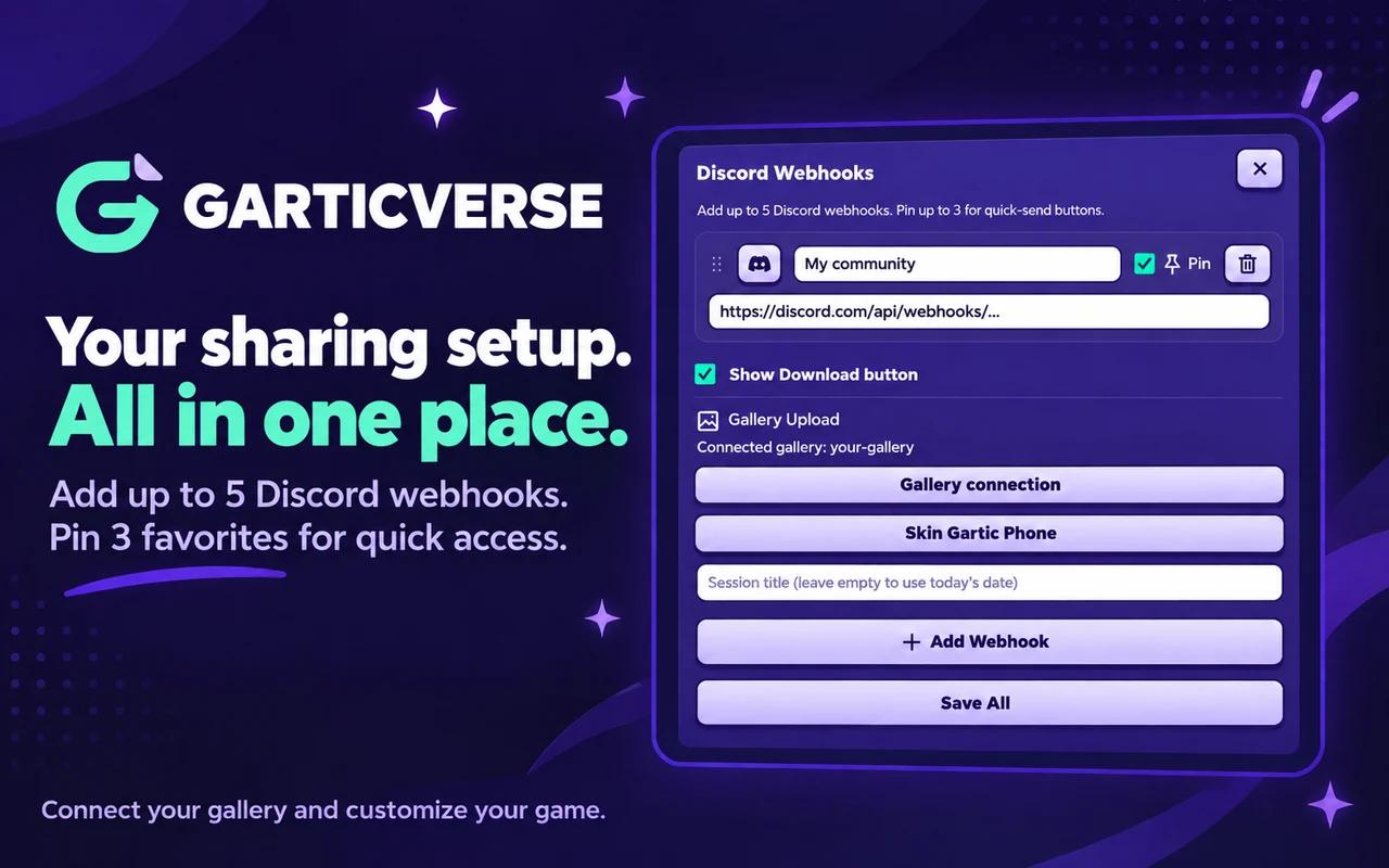 Sharing settings with named Discord webhooks, Pin, Show Download button, Gallery connection, Skin Gartic Phone and Save All