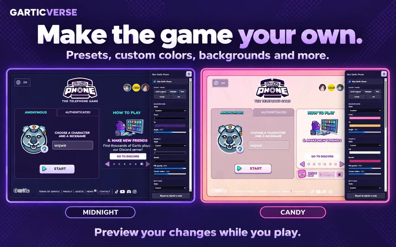 Midnight and Candy game skins with the skin editor beside the game