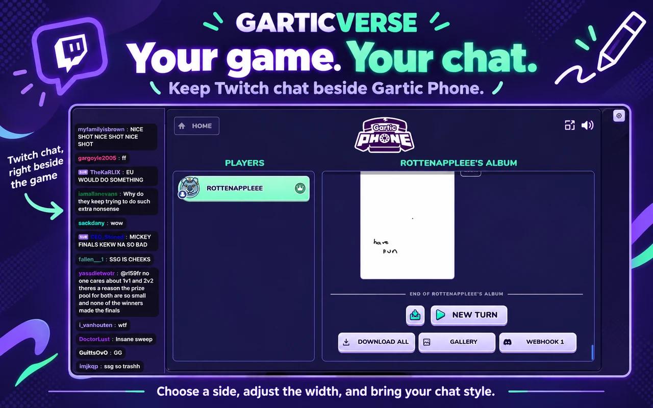 Twitch chat docked on the left side of Gartic Phone during an album reveal